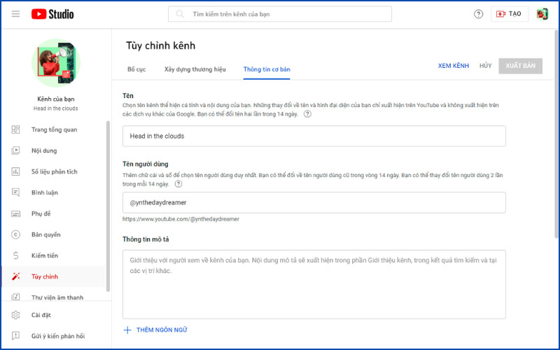 youtube studio thông tin cơ bản